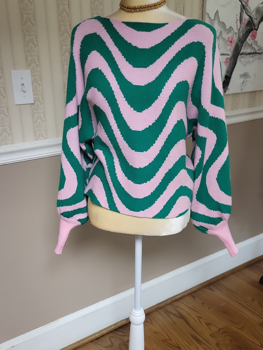 Wavy Stripe Sweater - Pink & Green, XL (Runs Small)